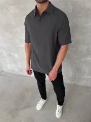 Yakalı Patlı Kısa Kol T-shirt - Antrasit