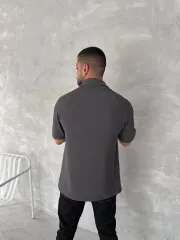 Yakalı Patlı Kısa Kol T-shirt - Antrasit