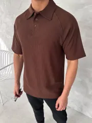 Yakalı Patlı Kısa Kol T-shirt - Kahverengi