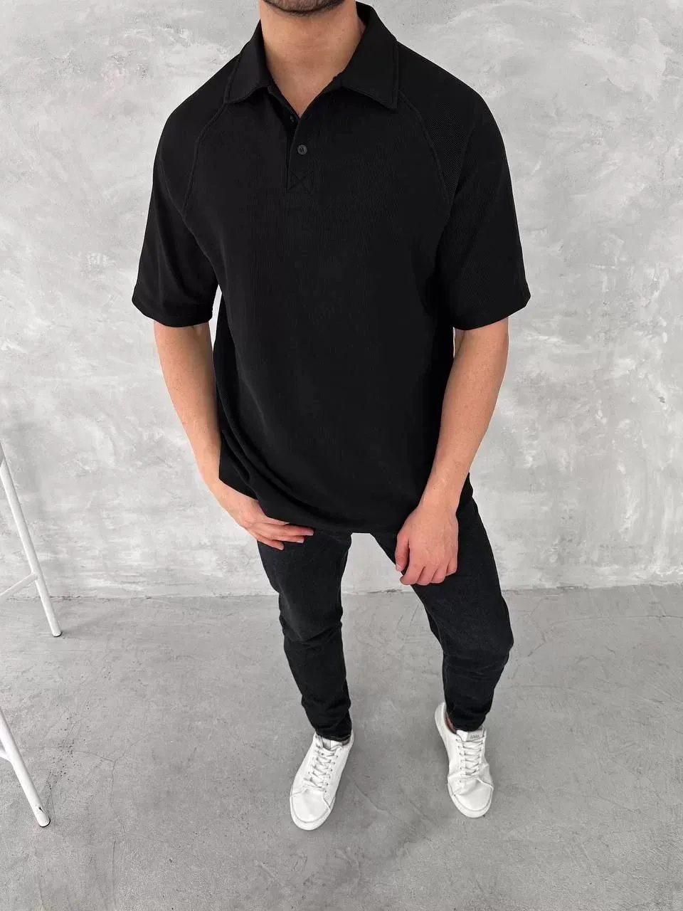 Yakalı Patlı Kısa Kol T-shirt - Siyah