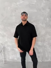 Yakalı Patlı Kısa Kol T-shirt - Siyah