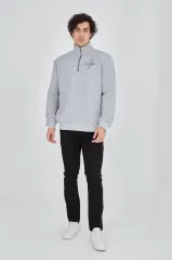 Erkek Yarım Fermuarlı Baskılı Sweat - Gri