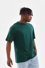 Unisex Oversize Düz Bisiklet Yaka T-Shirt - Koyu Yeşili