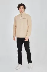 Erkek Yarım Fermuarlı Baskılı Sweat - Bej