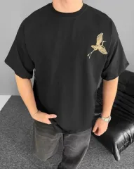 Ön ve Arka Baskılı Oversize Bisiklet Yaka T-shirt - Siyah