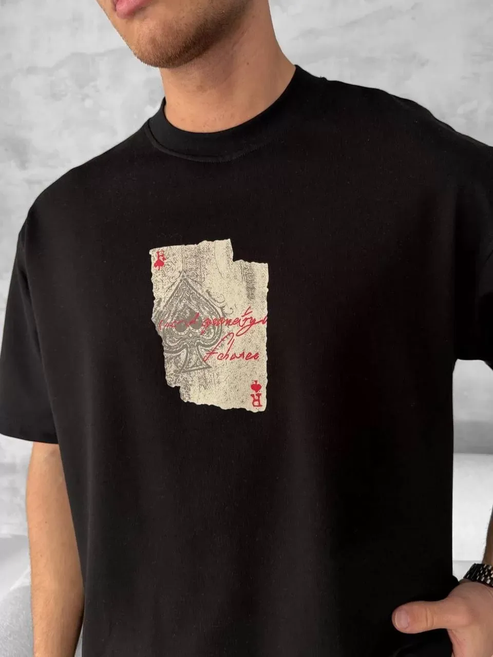 Ön ve Arka Baskılı Oversize Bisiklet Yaka T-shirt - Siyah