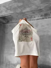 Ön ve Arka Baskılı Oversize Bisiklet Yaka T-shirt - Beyaz