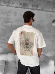 Ön ve Arka Baskılı Oversize Bisiklet Yaka T-shirt - Beyaz