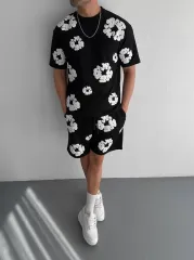 İki İplik Kumaş Baskılı T-shirt Şortlu Takım- Siyah