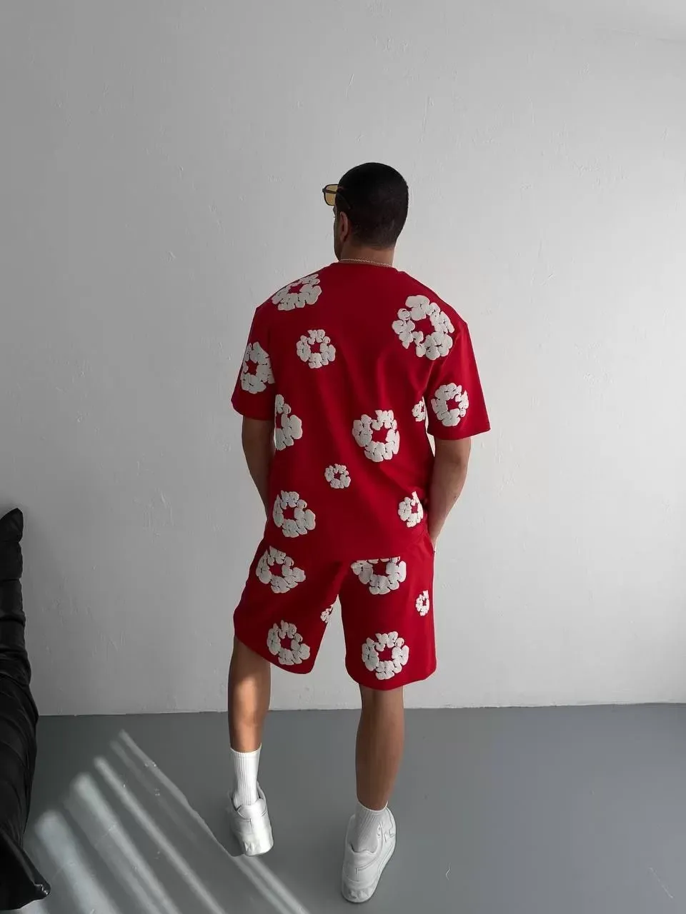 İki İplik Kumaş Baskılı T-shirt Şortlu Takım- Kırmızı