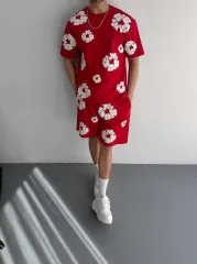 İki İplik Kumaş Baskılı T-shirt Şortlu Takım- Kırmızı