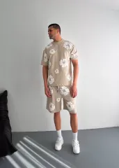 İki İplik Kumaş Baskılı T-shirt Şortlu Takım- Bej