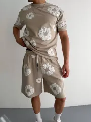 İki İplik Kumaş Baskılı T-shirt Şortlu Takım- Bej