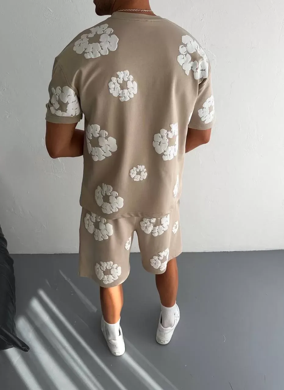 İki İplik Kumaş Baskılı T-shirt Şortlu Takım- Bej