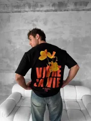 Ön ve Arka Baskılı Oversize Bisiklet Yaka T-shirt- Siyah