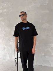 Ön ve Arka Baskılı Oversize Bisiklet Yaka T-shirt- Siyah