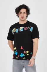 Erkek Baskılı Penye T-Shirt - Siyah