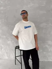 Ön ve Arka Baskılı Oversize Bisiklet Yaka T-shirt- Beyaz