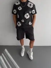Ön ve Arka Baskılı Oversize Bisiklet Yaka T-shirt- Siyah