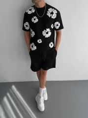 Ön ve Arka Baskılı Oversize Bisiklet Yaka T-shirt- Siyah