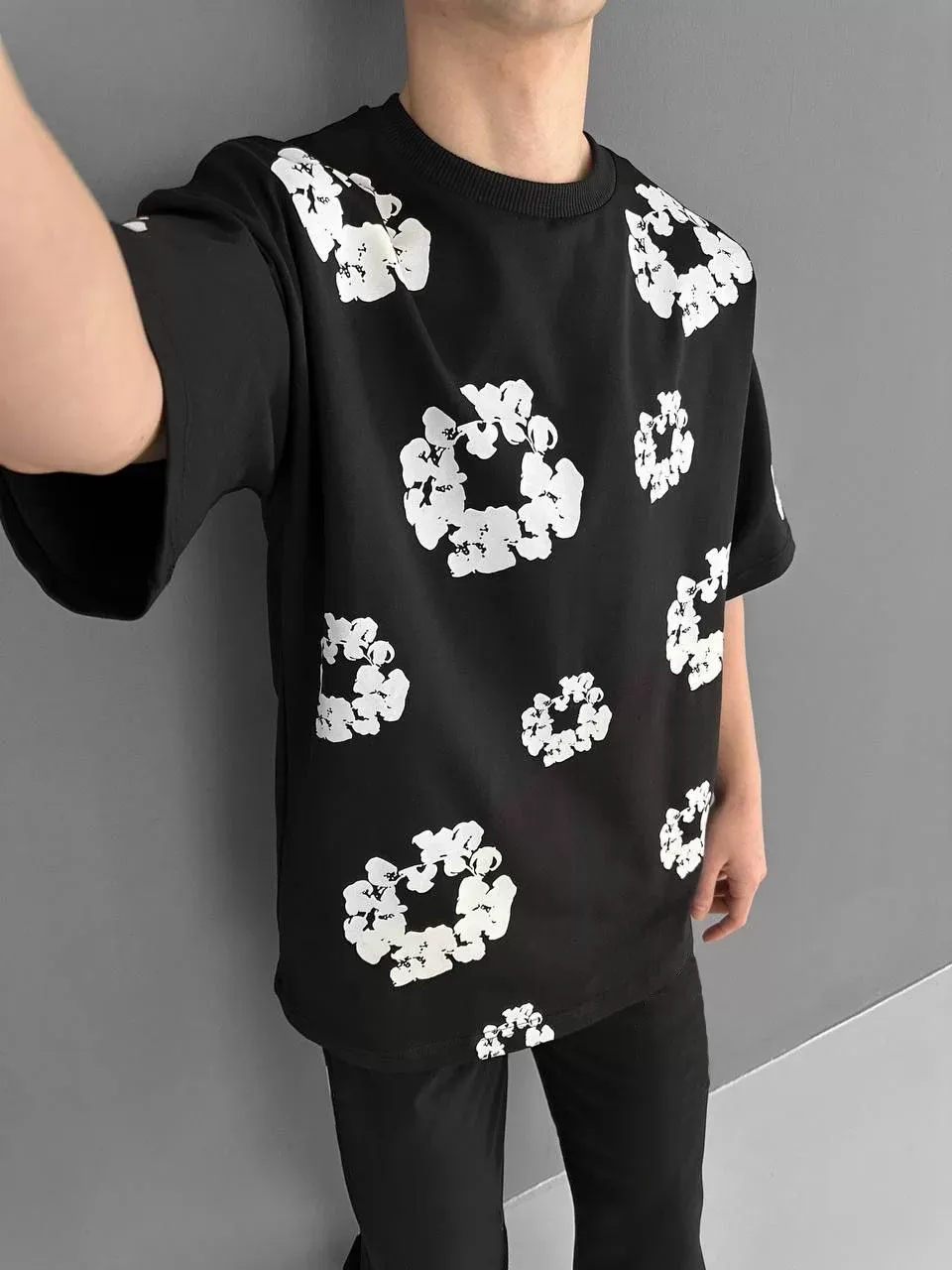 Ön ve Arka Baskılı Oversize Bisiklet Yaka T-shirt- Siyah