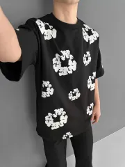 Ön ve Arka Baskılı Oversize Bisiklet Yaka T-shirt- Siyah