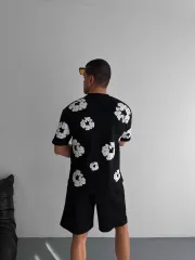 Ön ve Arka Baskılı Oversize Bisiklet Yaka T-shirt- Siyah