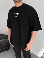 Baskılı Oversize Bisiklet Yaka T-shirt - Siyah