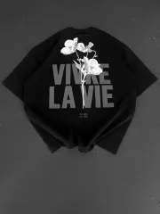 Baskılı Oversize Bisiklet Yaka T-shirt - Siyah