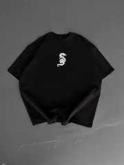 Baskılı Oversize Bisiklet Yaka T-shirt - Siyah