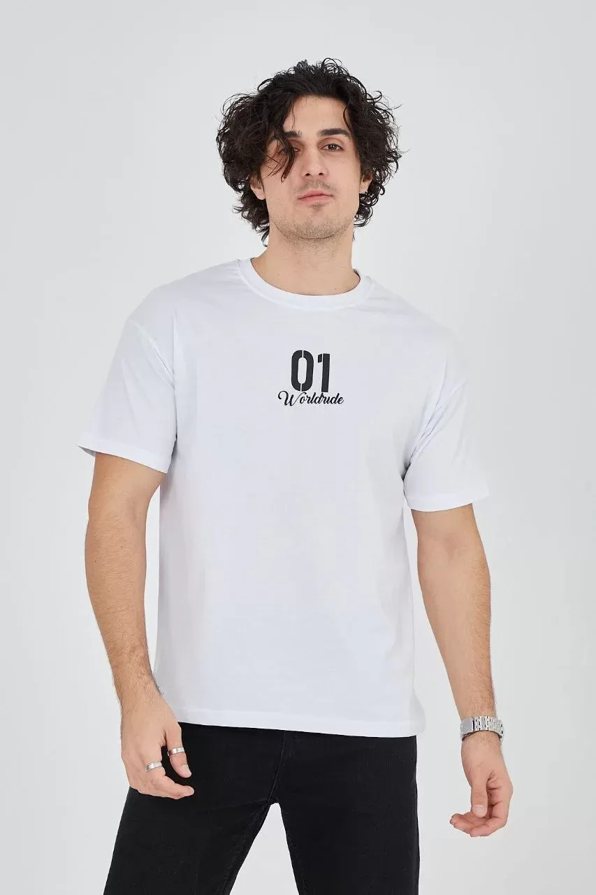 Erkek Bisiklet Yakalı Baskılı T-Shirt - Beyaz