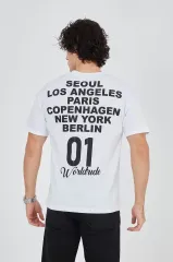 Erkek Bisiklet Yakalı Baskılı T-Shirt - Beyaz