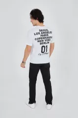 Erkek Bisiklet Yakalı Baskılı T-Shirt - Beyaz