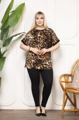 Kadın Bisiklet Yaka Büyük Beden leopar Desenli Bluz - leopar