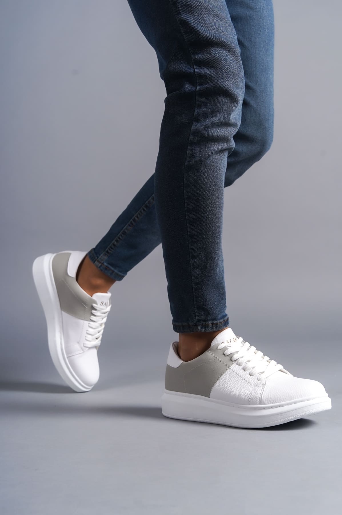 SLW151 Boost Bağcıklı Cilt Süet Erkek Günlük Sneaker Ayakkabı BT - Beyaz/Gri