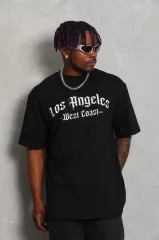 Unisex Oversize Baskılı Bisiklet Yaka T-Shirt - Siyah