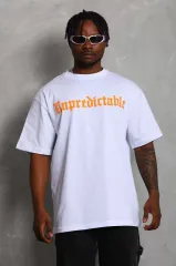 Unisex Oversize Baskılı Bisiklet Yaka T-Shirt - Beyaz