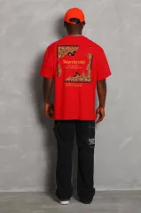 Unisex Oversize Baskılı Bisiklet Yaka T-Shirt - Kırmızı