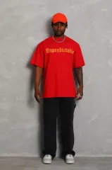 Unisex Oversize Baskılı Bisiklet Yaka T-Shirt - Kırmızı
