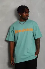 Unisex Oversize Baskılı Bisiklet Yaka T-Shirt - Mint Yeşili