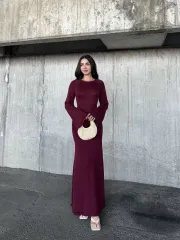 Acık Sırt Detaylı Maxi Uzun Boy Elbise- Bordo