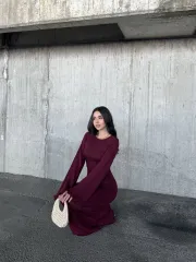 Acık Sırt Detaylı Maxi Uzun Boy Elbise- Bordo