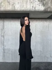 Acık Sırt Detaylı Maxi Uzun Boy Elbise- Siyah