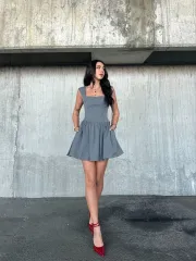 Kolsuz Mini Elbise- Gri