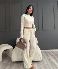Uzun Kollu Badi ve Pantolon İkili Takım - Bej